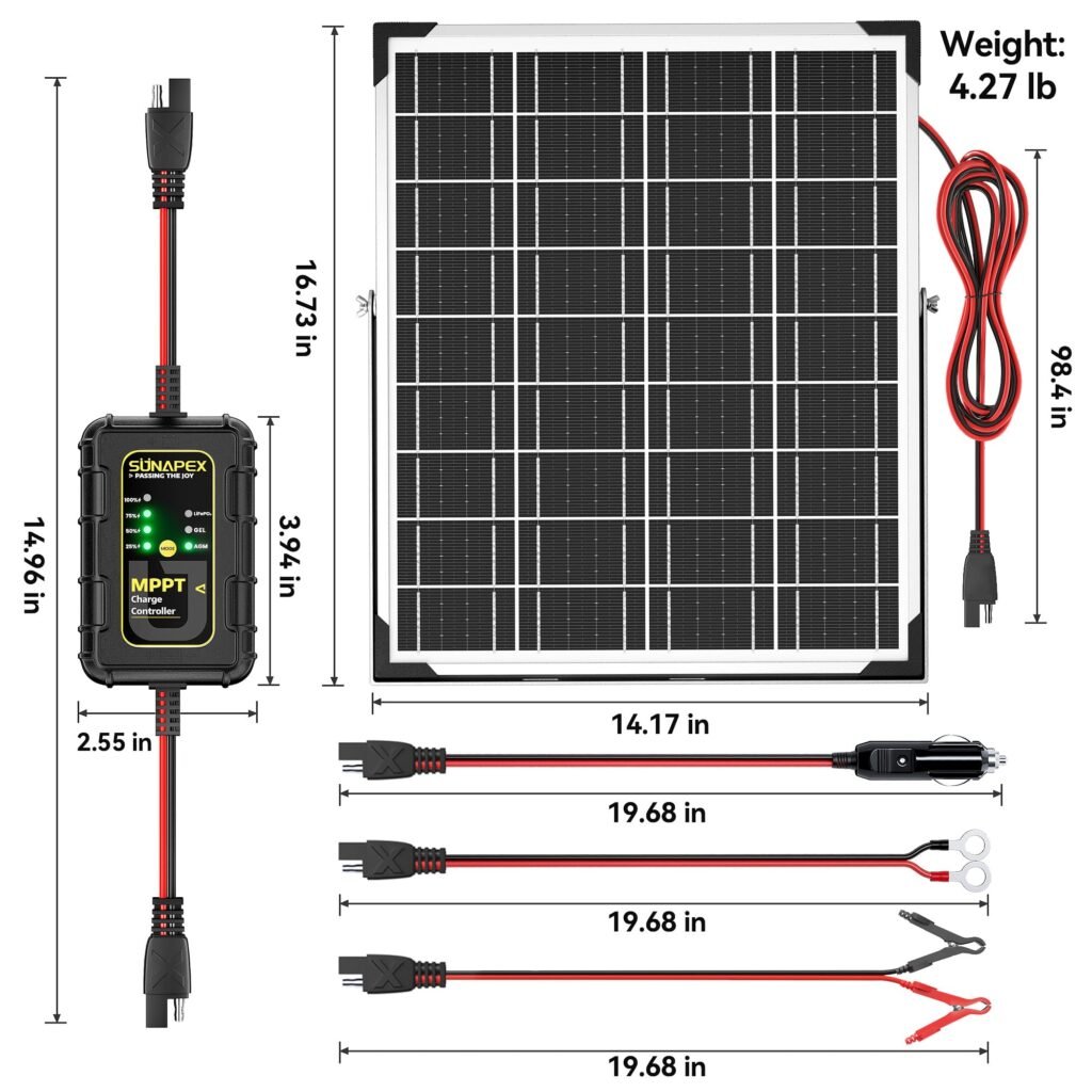 Solar Battery Charger, SUNAPEX-12V-Solar-Panel-Trickle-Charger-with-25W-MPPT-Controller-9