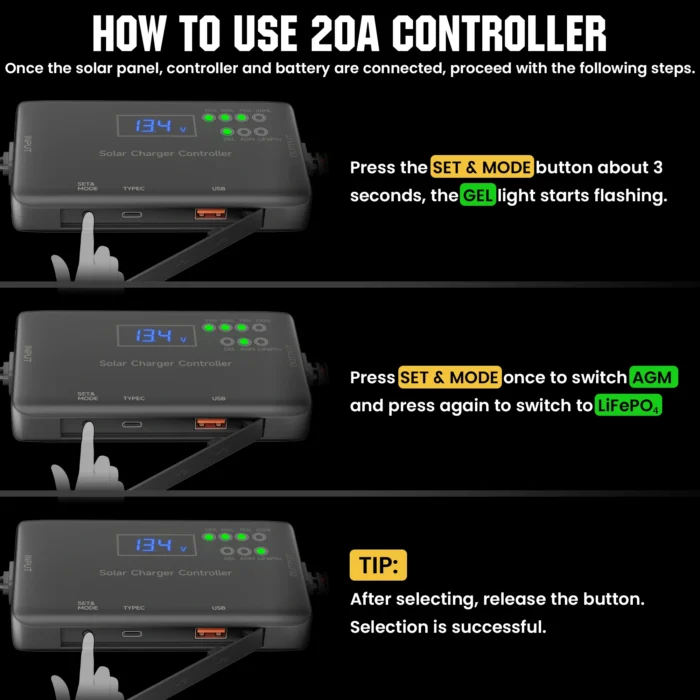 SUNAPEX 12V 20A Solar Panel Charge Controller with Type-C and USB Output for Solar Panel and Gel, AGM, LiFePO₄ Battery_how to setup