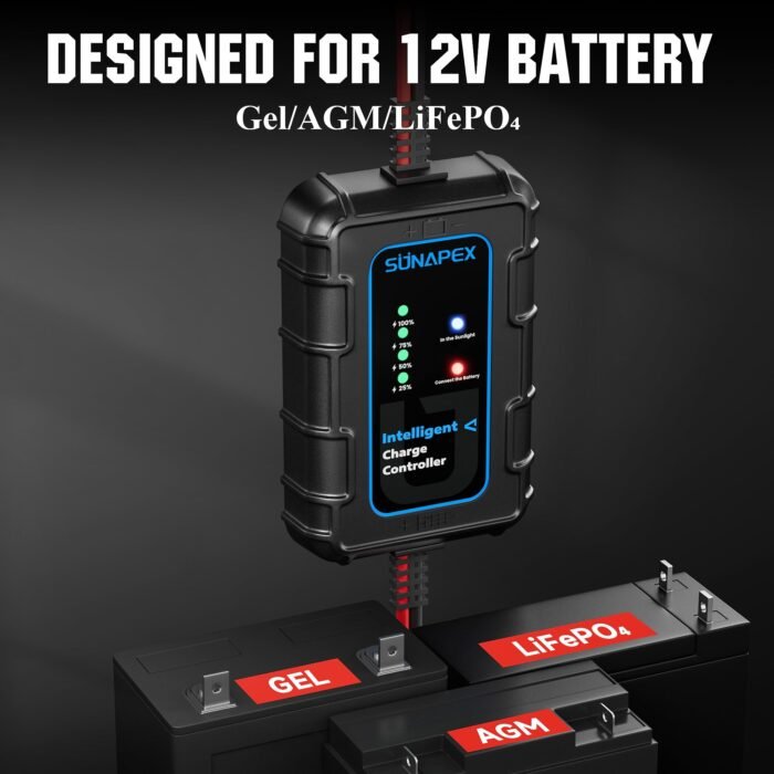 Sunapex Solar Charger Controller 12V: 10A PWM Intelligent Solar Panel Controller 12Volt with LED Display - Waterproof Smart Regulator for RV Boat Car Battery - Tailored AGM Gel LiFePO4 Battery Charger - Image 3