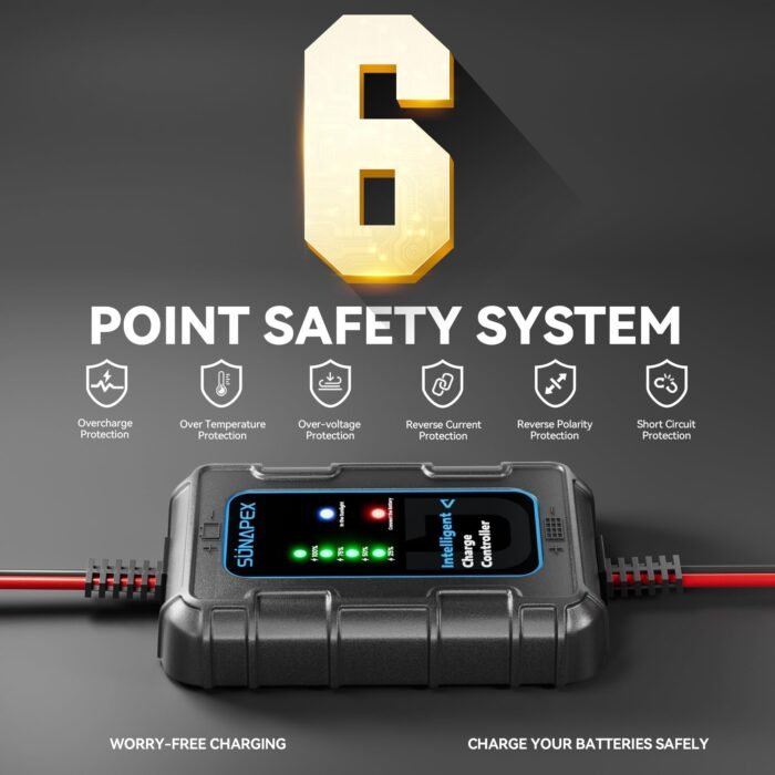 Sunapex Solar Charger Controller 12V: 10A PWM Intelligent Solar Panel Controller 12Volt with LED Display - Waterproof Smart Regulator for RV Boat Car Battery - Tailored AGM Gel LiFePO4 Battery Charger - Image 5